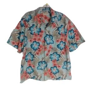 Caribbean‎ Pure Silk Hawaiian Shirt 100% Silk SIZE L Blue